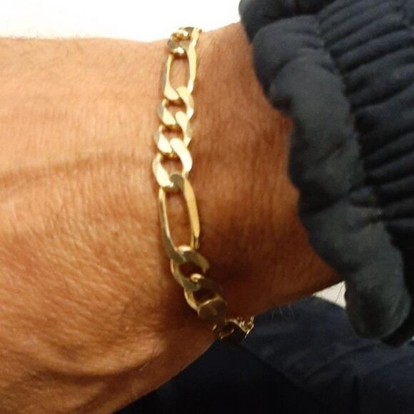 New Gold Figaro Chain Bracelet Men’s Gold over 925 Thick Chain Bracelet - Picture 2 of 6